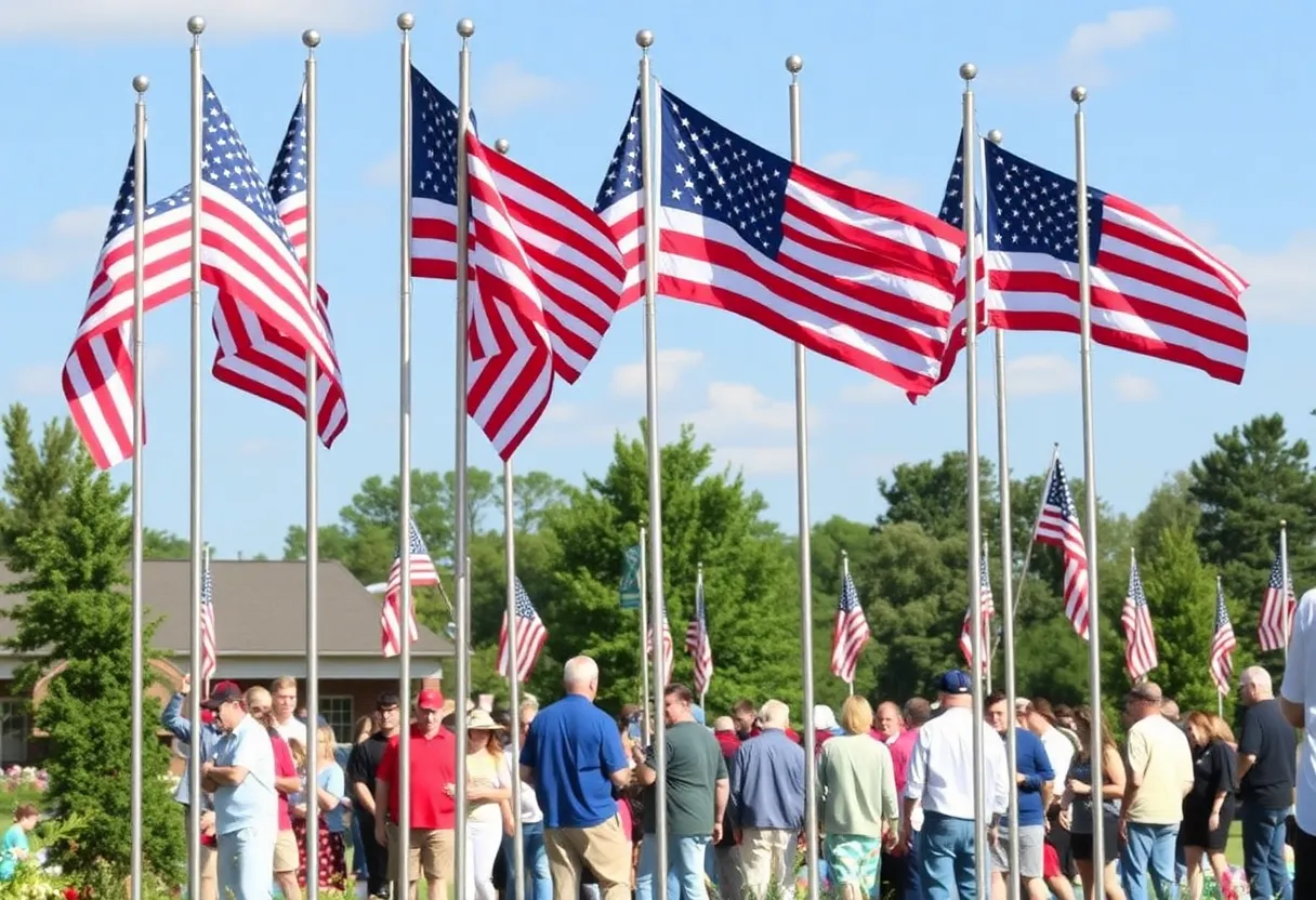 American flags surrounding a peaceful community gathering.