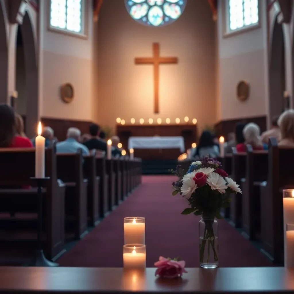 A church setting with candles and flowers for a remembrance service.