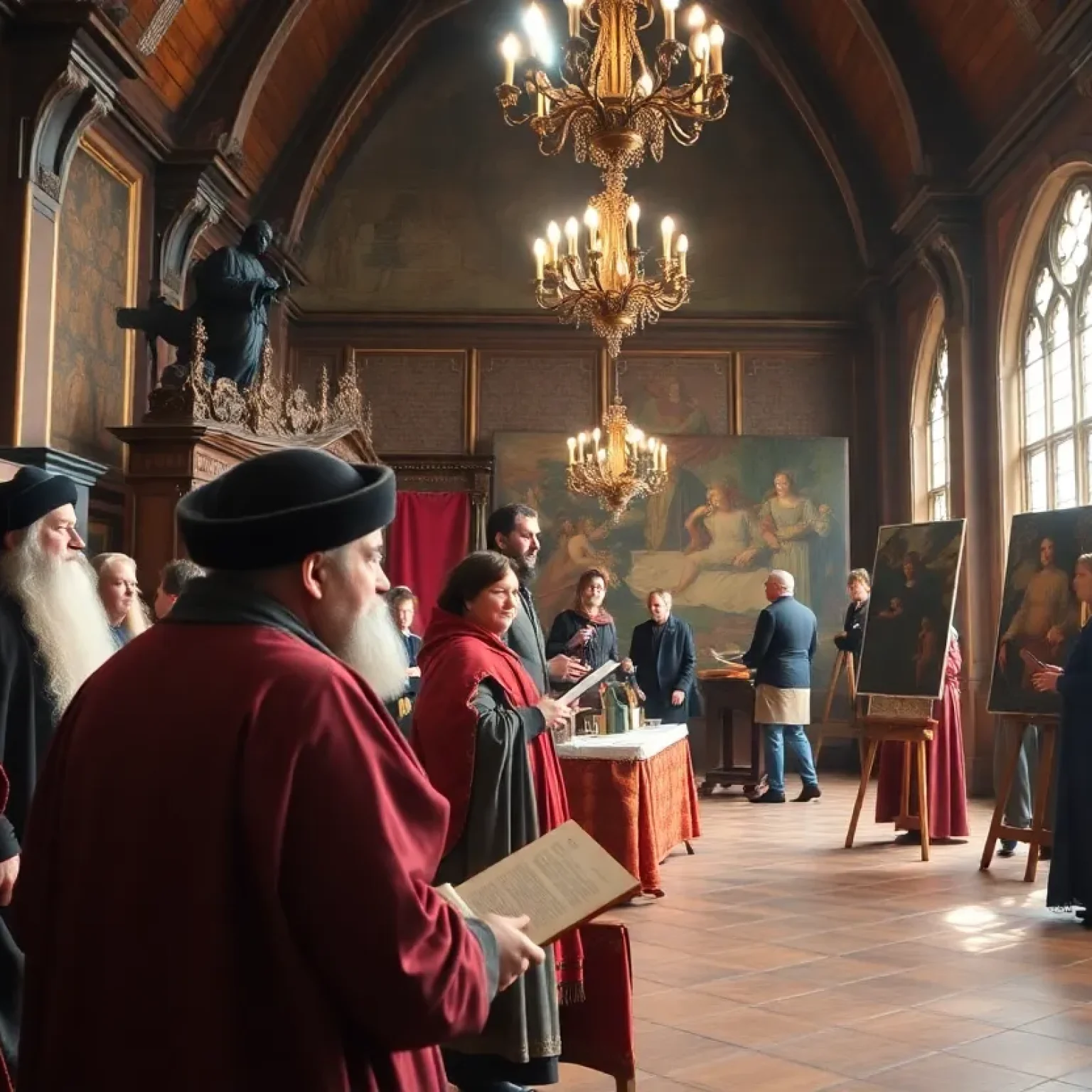 A scene depicting the cultural atmosphere of Charlemagne's court in Aachen