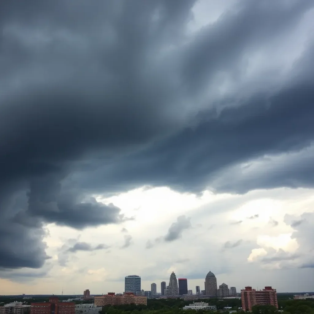 Dark clouds and ominous skies over Columbia SC signaling a tornado watch