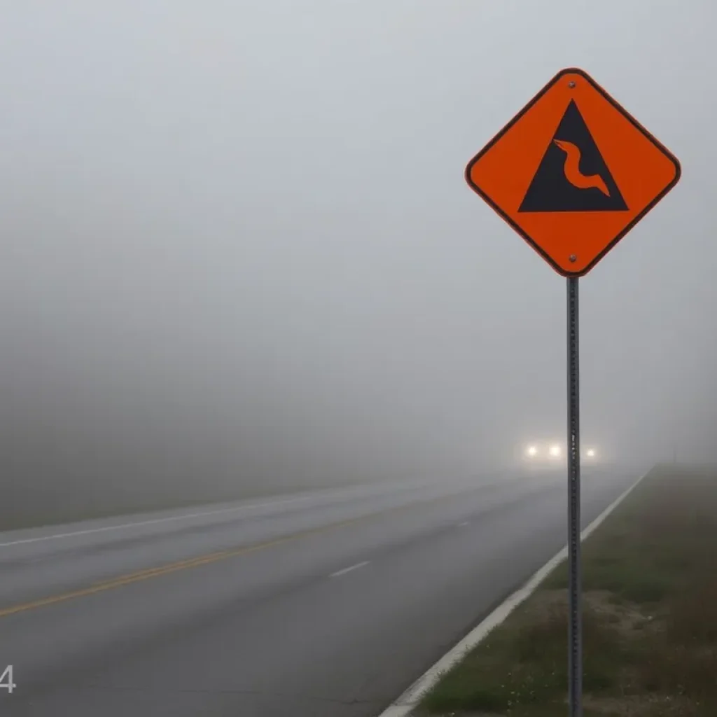 Road covered with dense fog affecting visibility in Columbia and Orangeburg.