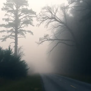 Foggy road conditions in South Carolina during a Dense Fog Advisory