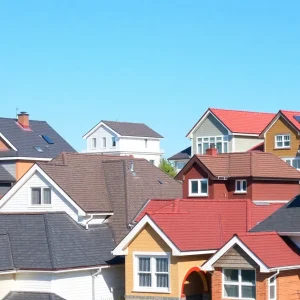 Various types of roofs on homes including Gable, Hip, Flat, Mansard, and Shed roofs.