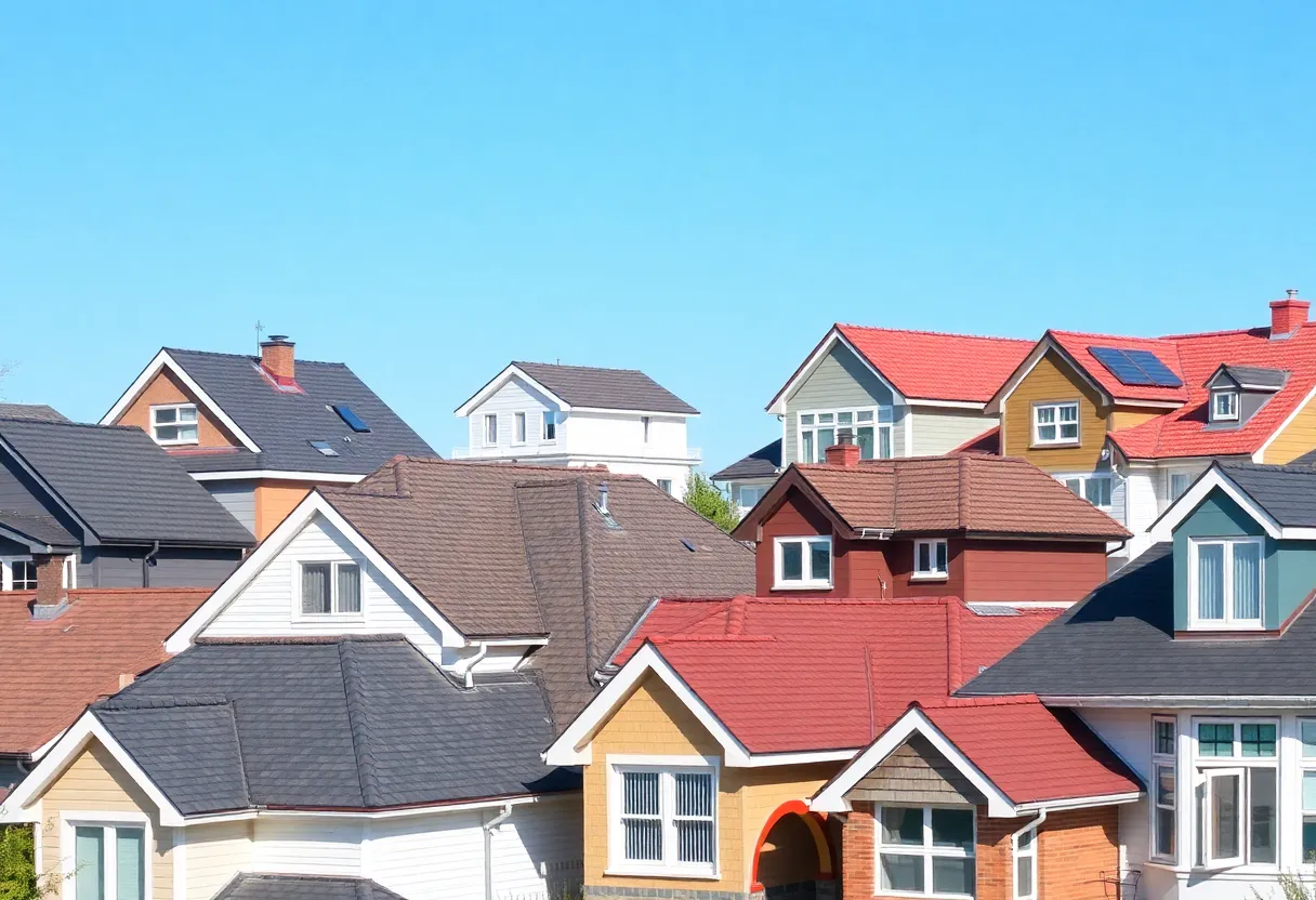 Various types of roofs on homes including Gable, Hip, Flat, Mansard, and Shed roofs.