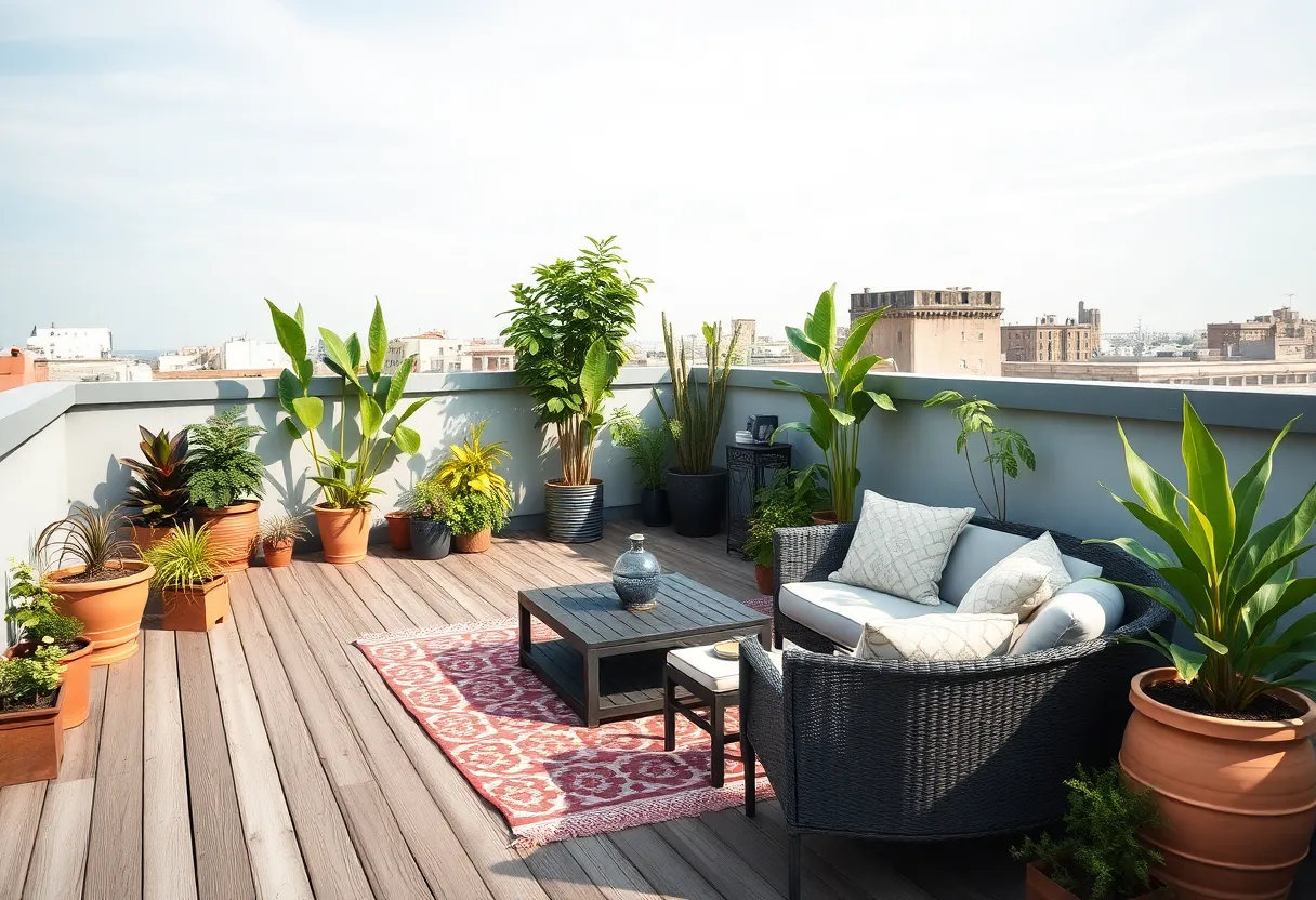 A colorful DIY roof deck with furniture and planters.