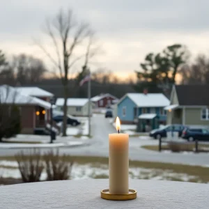 A winter evening scene in Gloverville, SC, with a candle on a table.