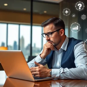 Hotel manager worried while looking at data on laptop