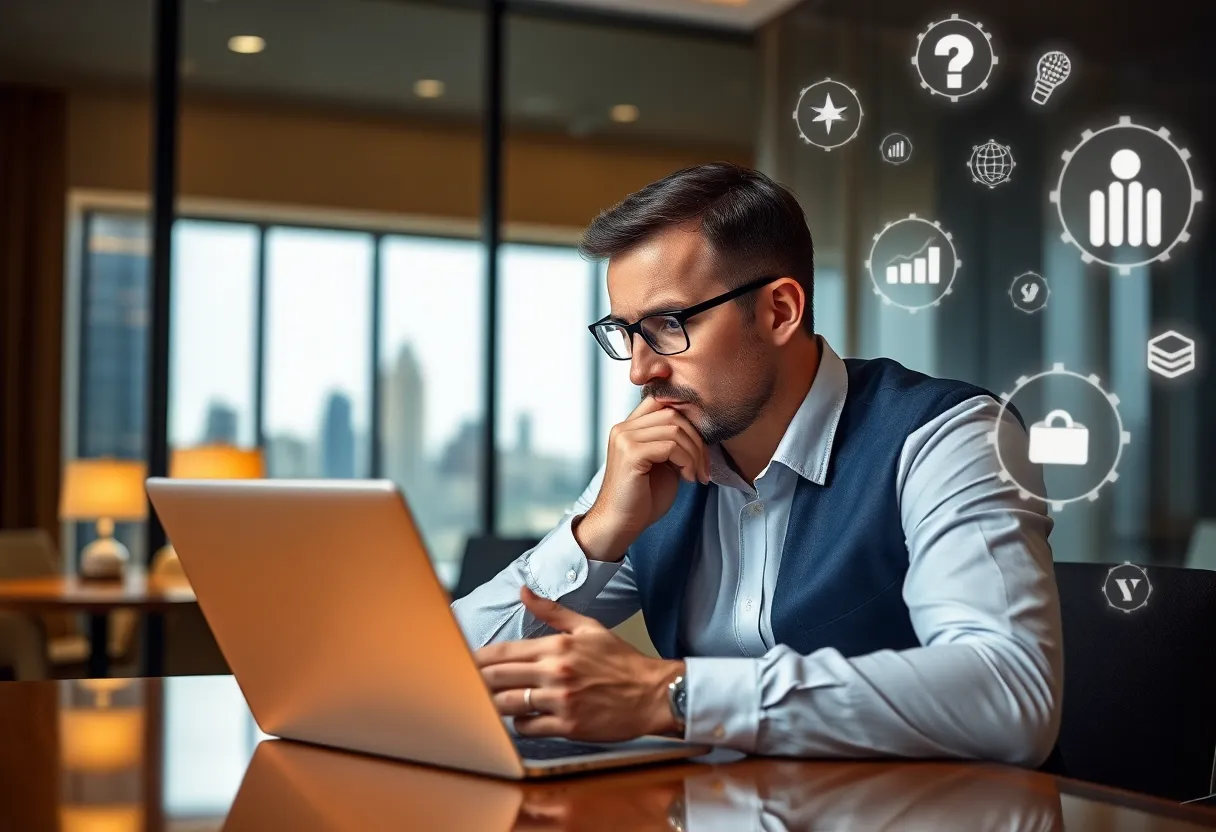 Hotel manager worried while looking at data on laptop