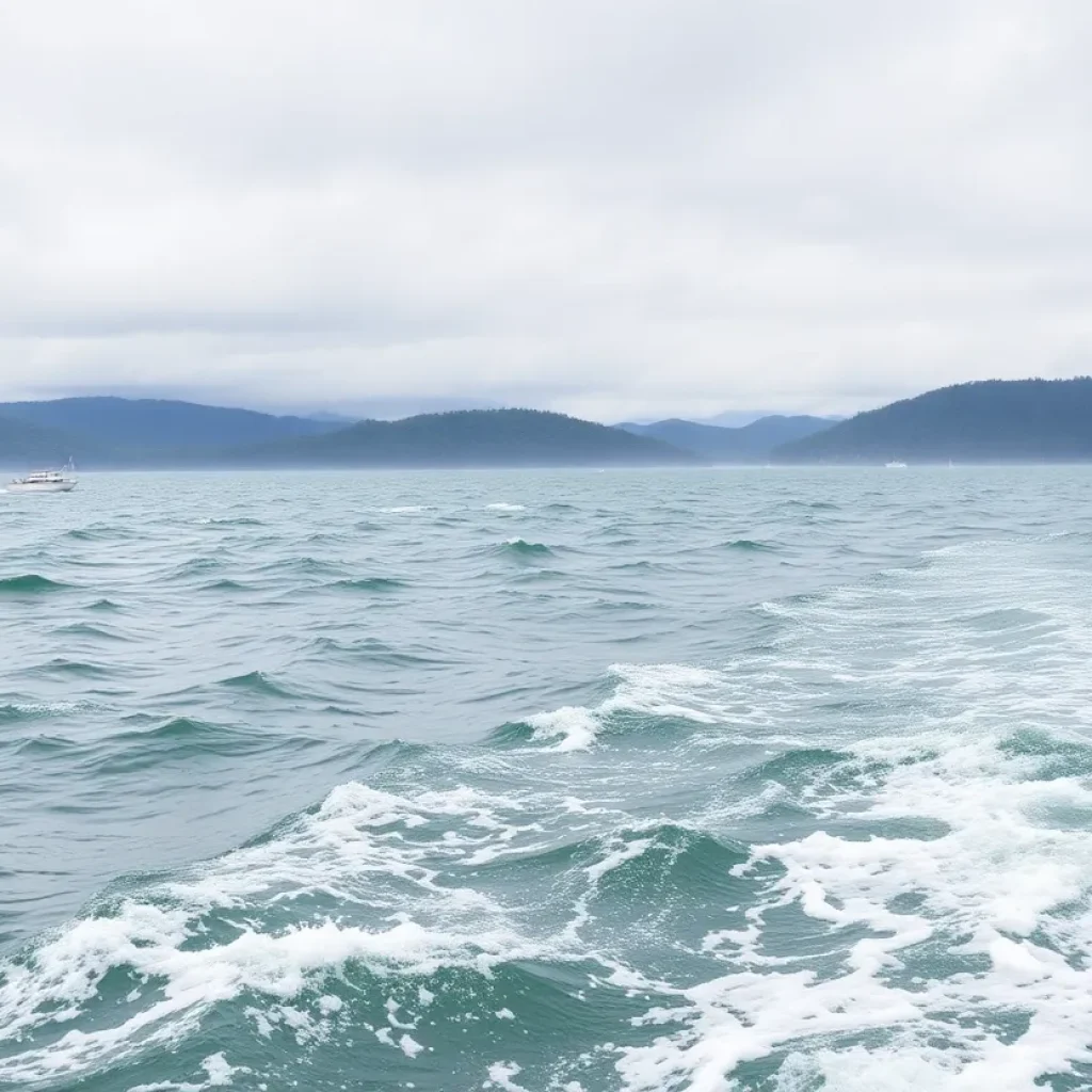 Strong winds at a lake causing rough waves and impacting small boats.