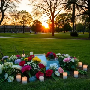 A peaceful memorial setup with flowers and candles in a park.