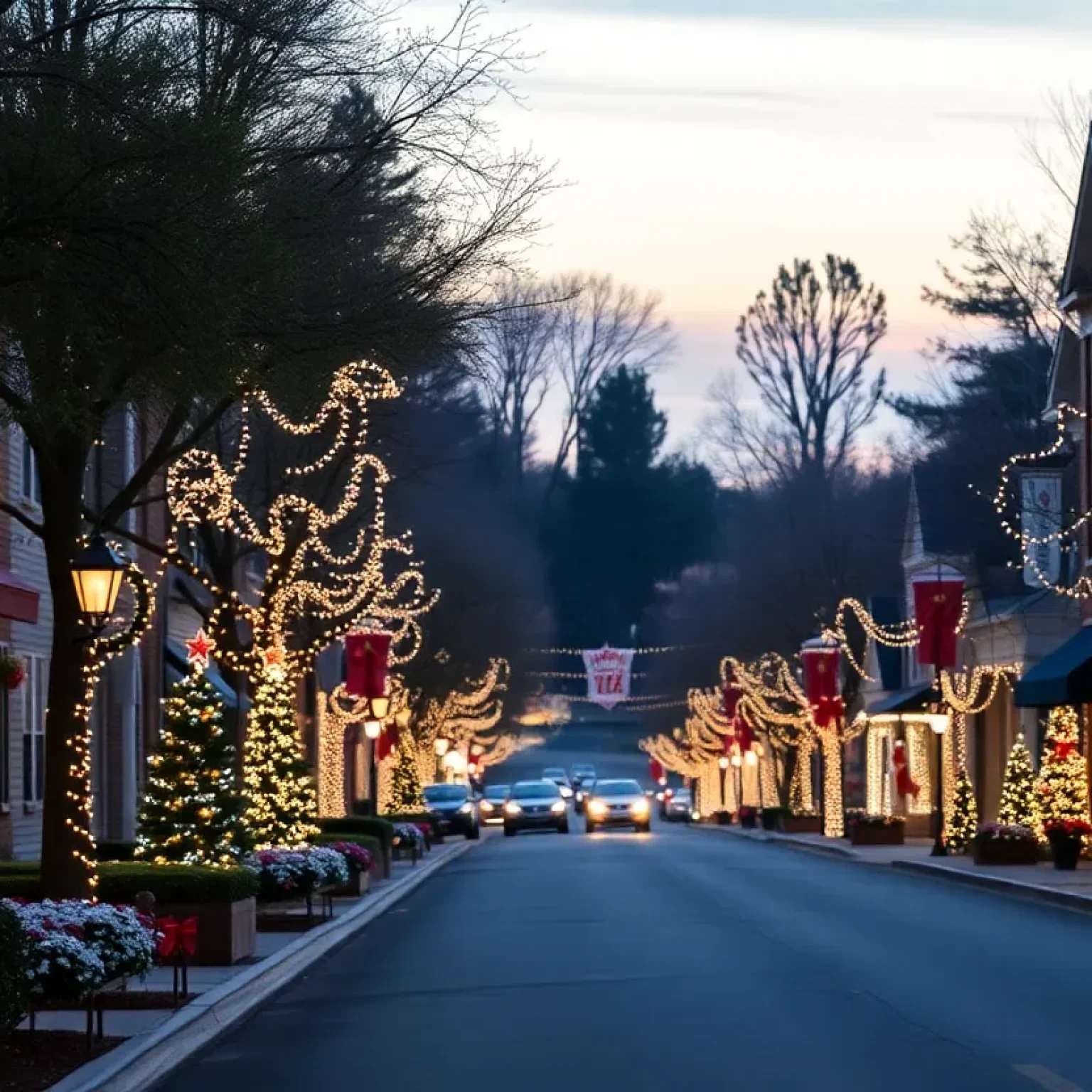 Twinkling Christmas lights decorating a street in Newberry SC