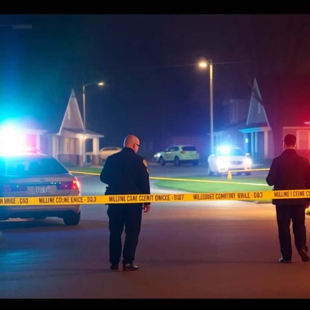 Police lights illuminating a neighborhood following a shooting incident.