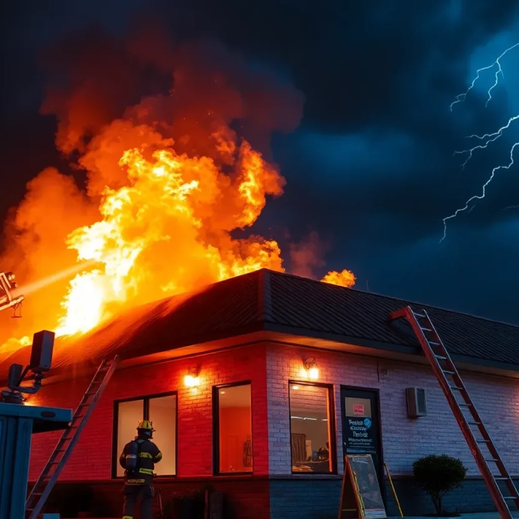 Firefighters extinguishing flames at a commercial building in Newberry, Florida after a lightning strike.