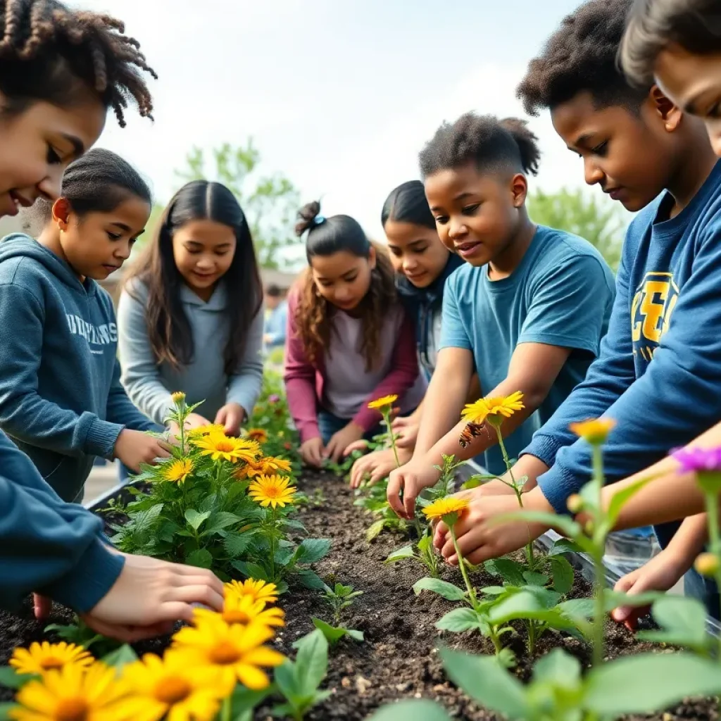 Students collaborating in a school garden for STEM project