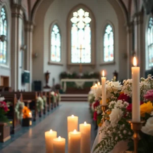 A memorial setting with flowers and candles in a church.