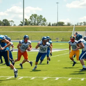 High school football players showcasing teamwork on the field.