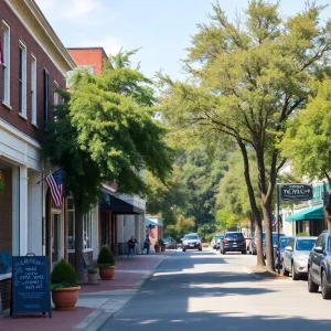 A scenic view of a small town in South Carolina with quaint streets and local shops.