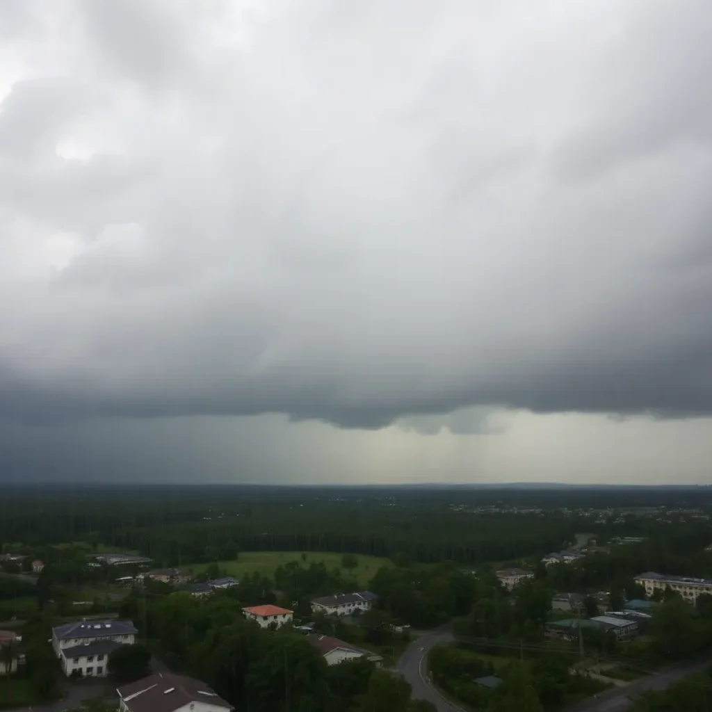 Dark storm clouds and heavy rainfall in the Southeast causing potential flooding.