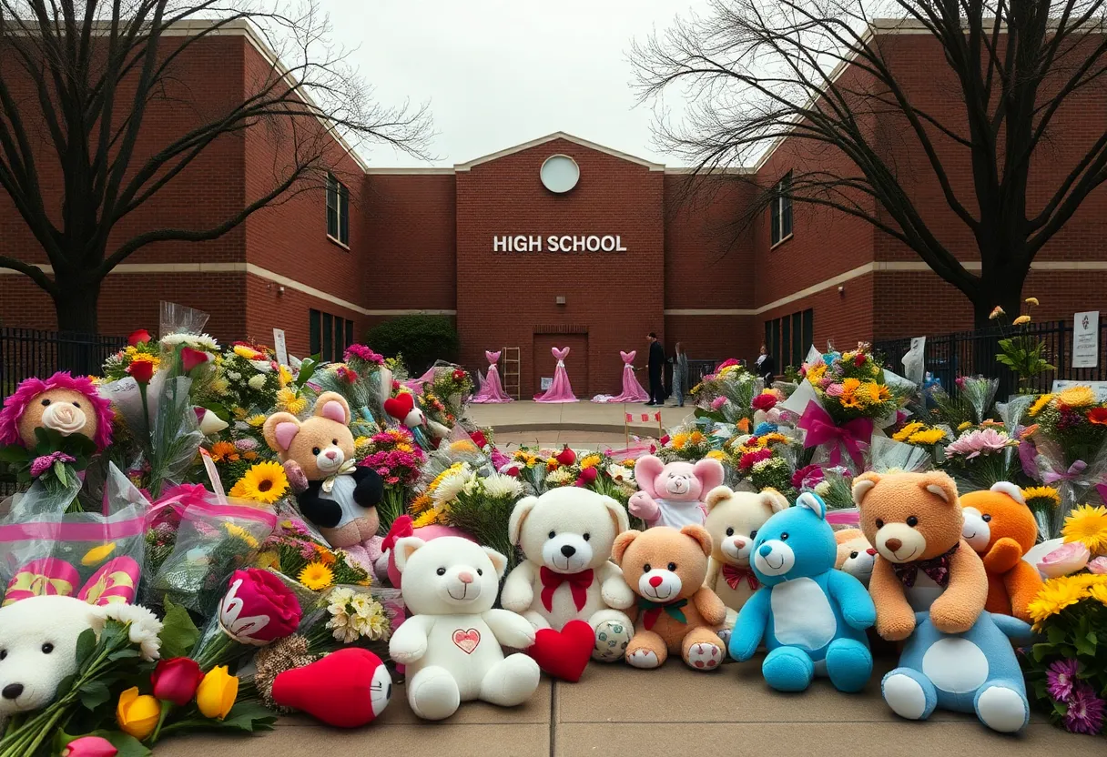 Memorial outside Antioch High School with flowers and stuffed animals