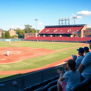 Baseball field with players and cheering family members