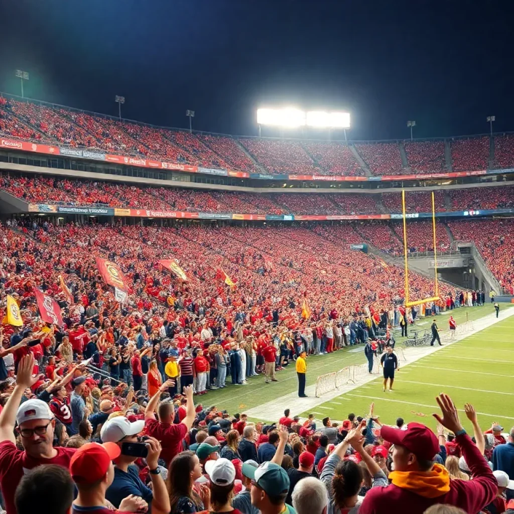 Crowd cheering at a college football bowl game