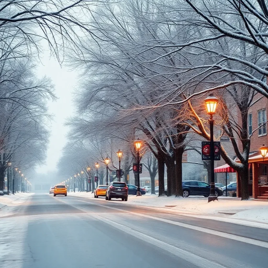 Snow-covered street in Columbia, South Carolina during winter storm