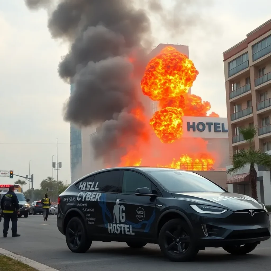 Scene of an explosion involving a Tesla Cybertruck outside a hotel.