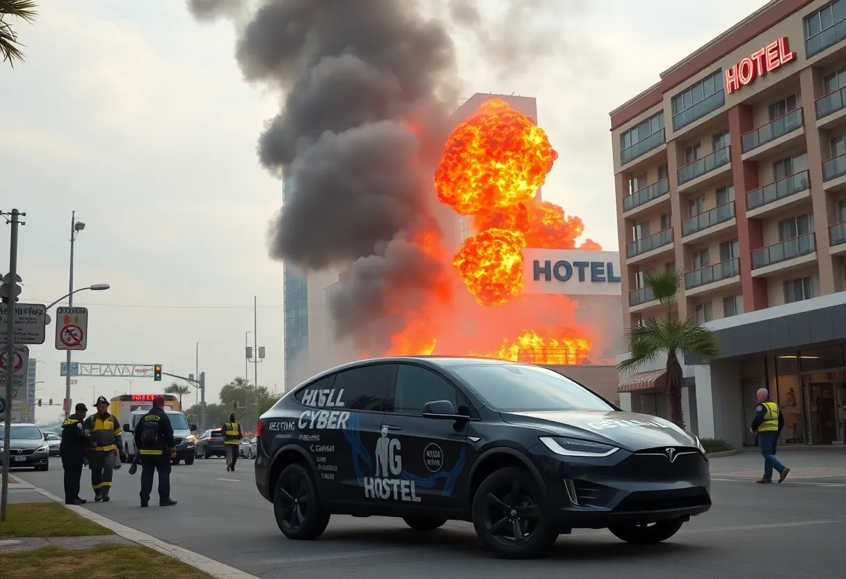 Scene of an explosion involving a Tesla Cybertruck outside a hotel.