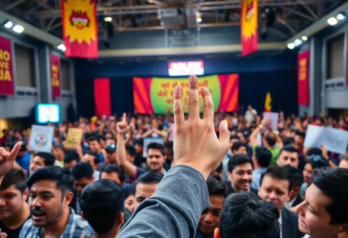 Crowd reacting to a controversial gesture at a political event