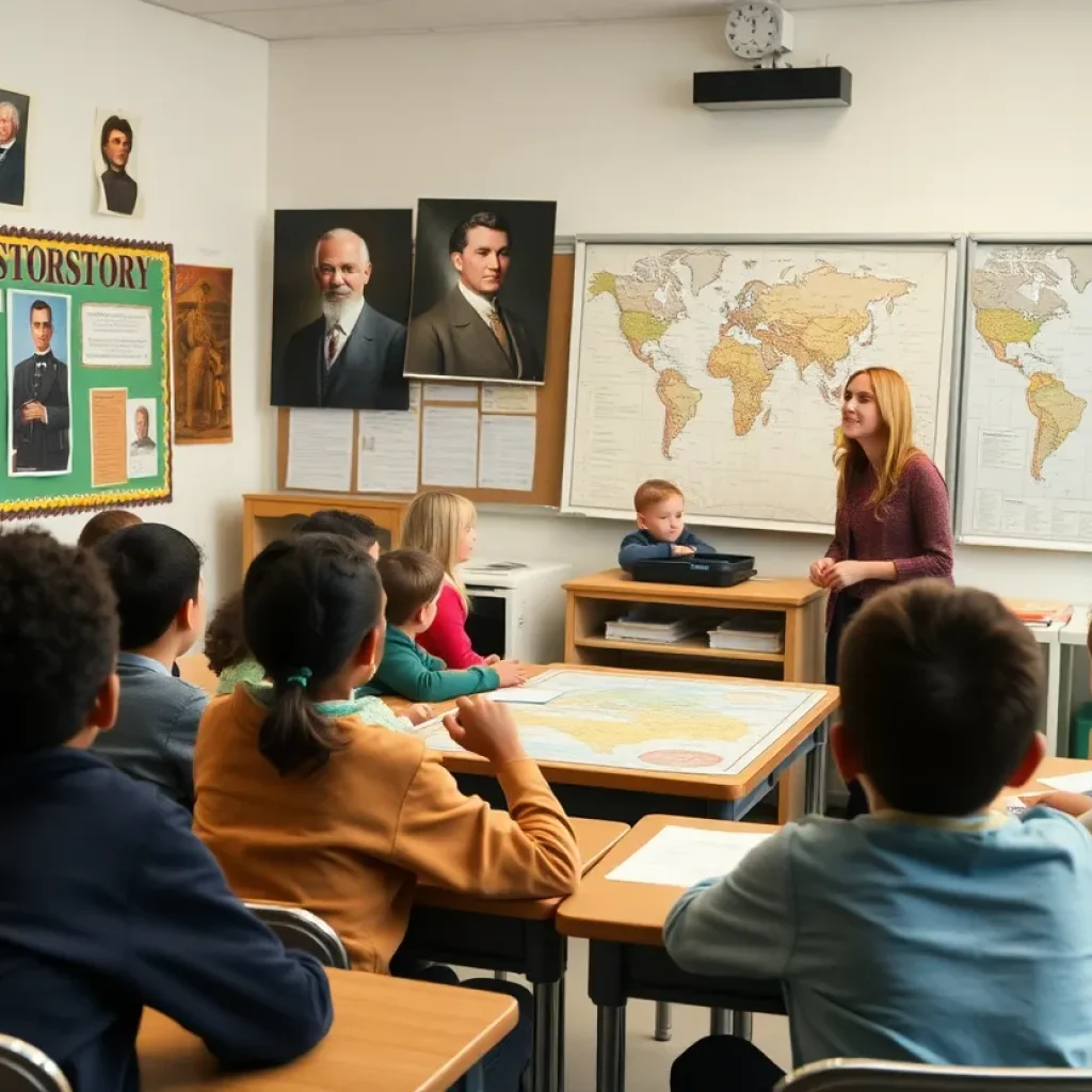 Students actively participating in a history lesson with enthusiastic teacher