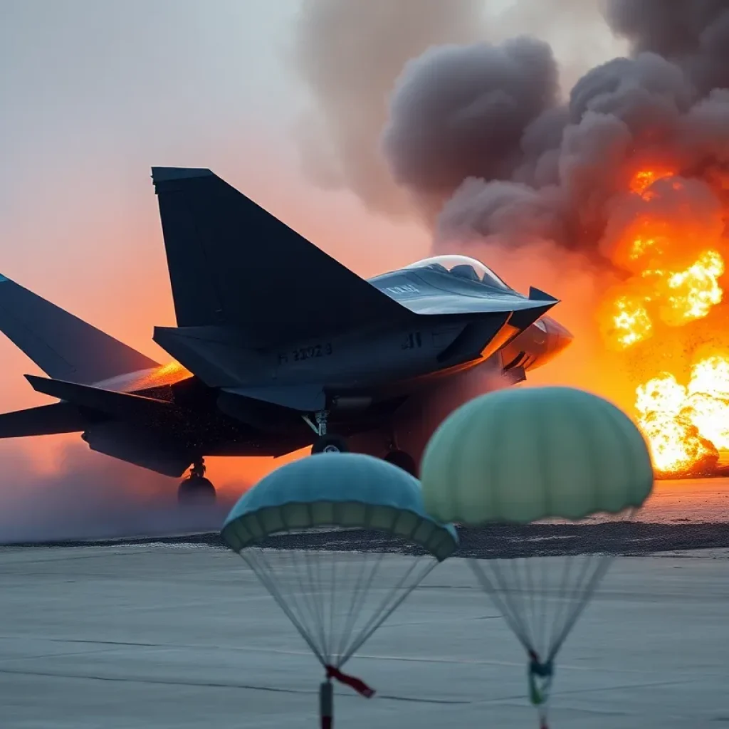 A F-35 fighter jet crash site with smoke and debris at Eielson Air Force Base in Alaska.