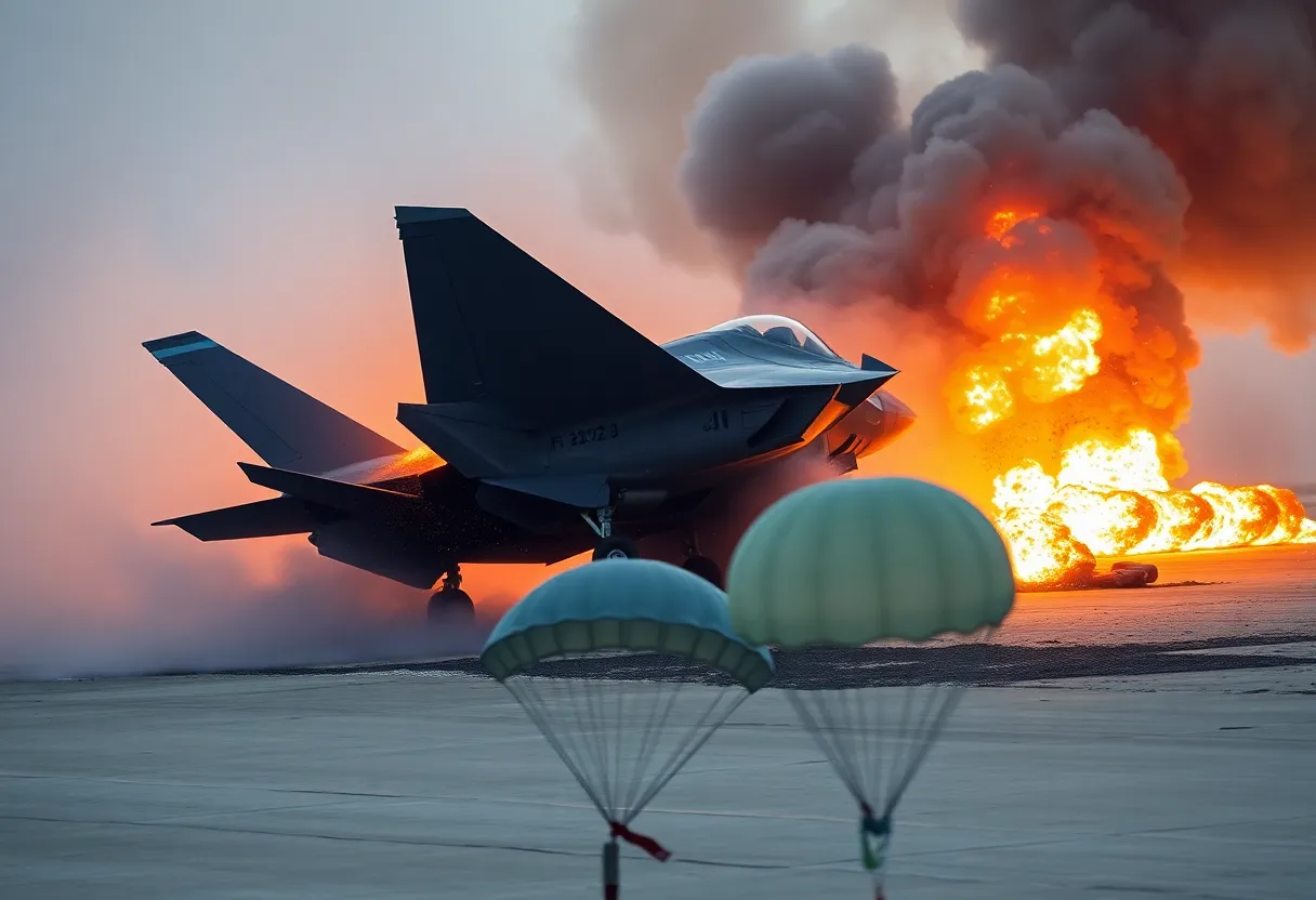 A F-35 fighter jet crash site with smoke and debris at Eielson Air Force Base in Alaska.