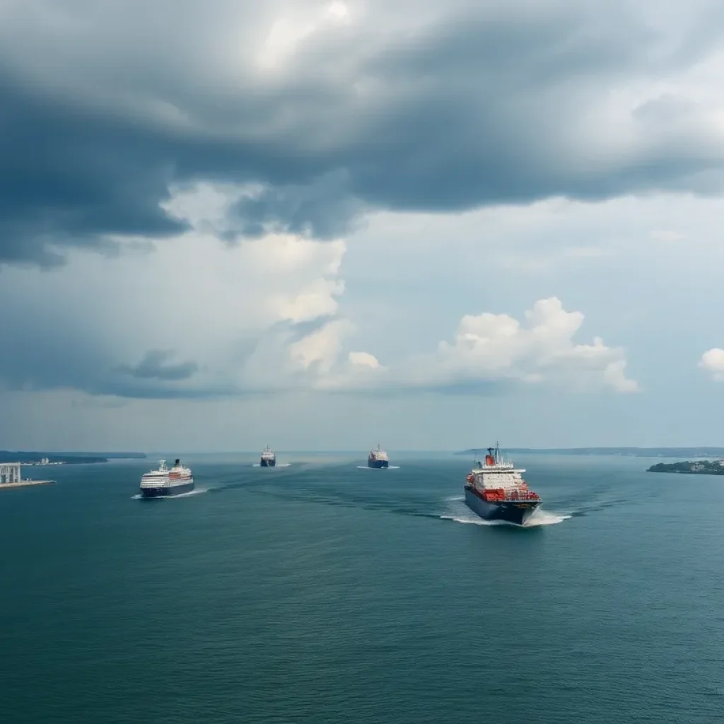 Ships navigating the Great Lakes during trade activity