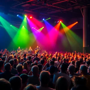 Vibrant concert scene in Columbia, showcasing a diverse crowd and colorful stage lights.