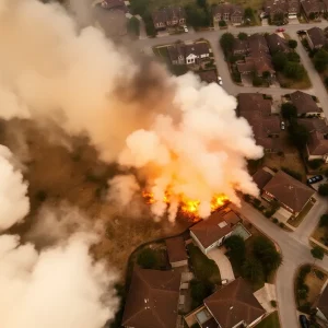 Aerial view of the destruction caused by wildfires in Los Angeles, showing burnt homes and smoke in the air.