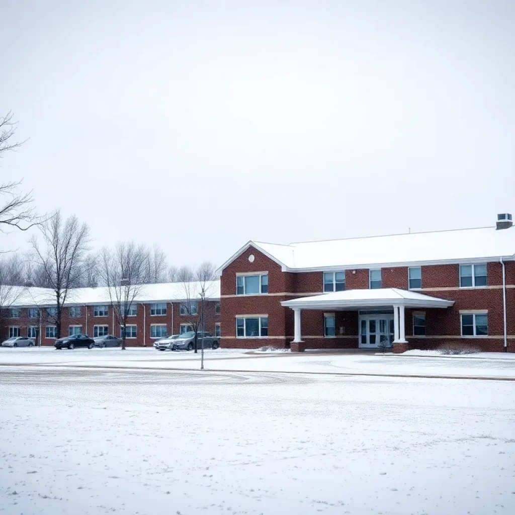 Snow-covered school building with early dismissal signs