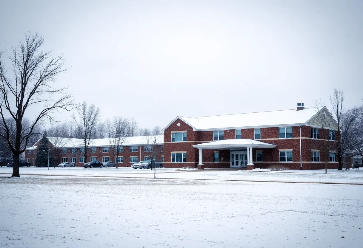 Snow-covered school building with early dismissal signs