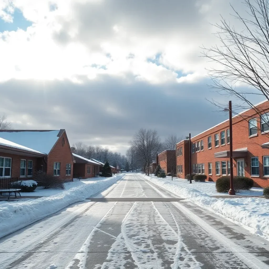 Snowy school scene during winter weather delay