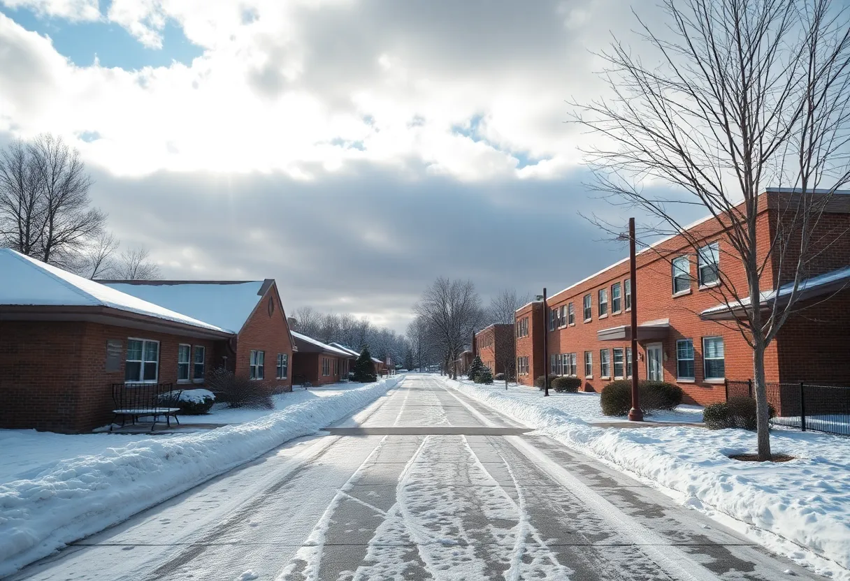 Snowy school scene during winter weather delay