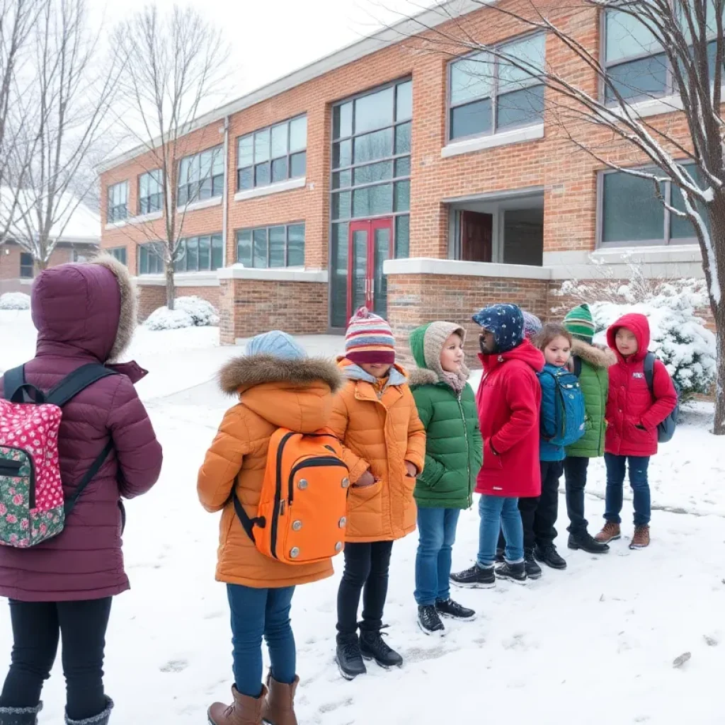 Students leaving school during snowfall