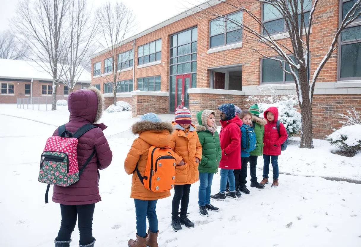 Students leaving school during snowfall