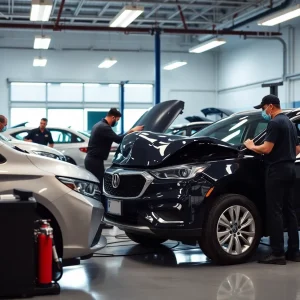 Technicians working with advanced technology in a collision repair shop.