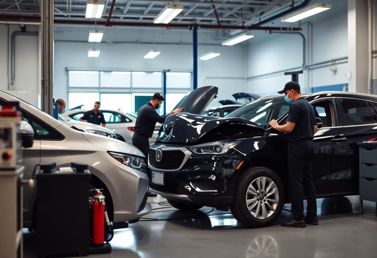 Technicians working with advanced technology in a collision repair shop.