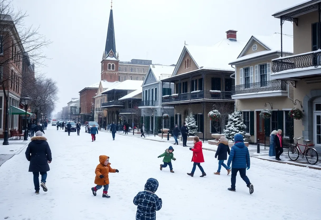 Snow-covered streets in New Orleans during the winter storm.