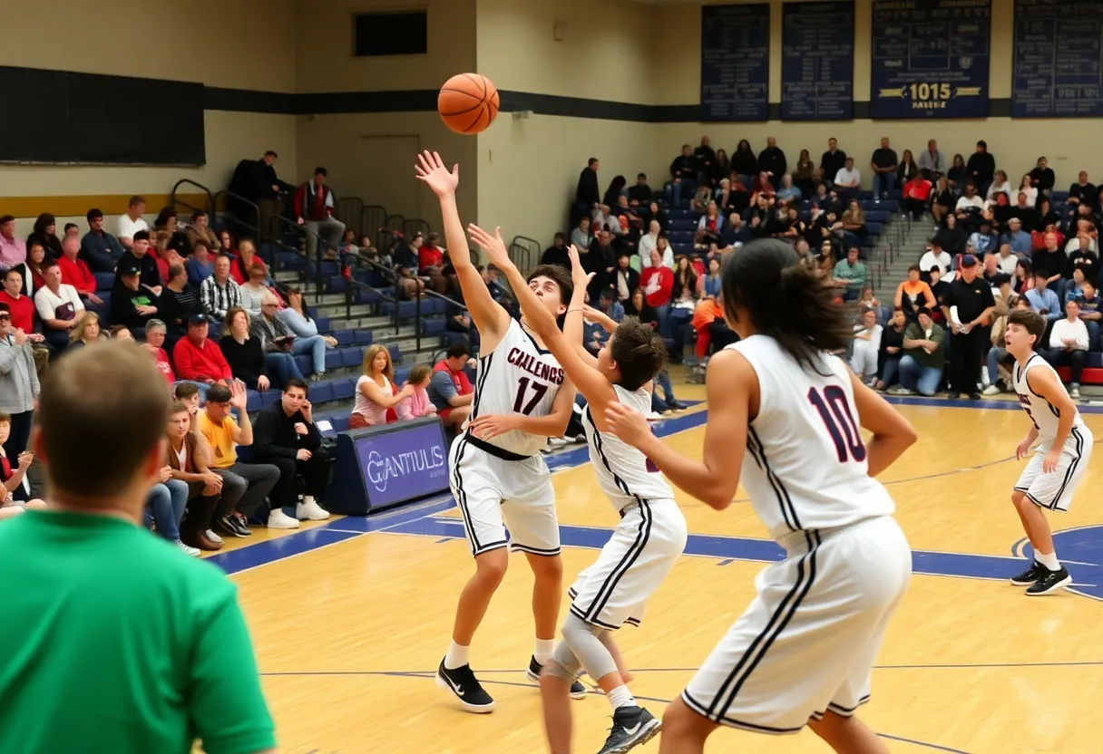 High school basketball game featuring Newberry Bulldogs and Fox Creek Predators