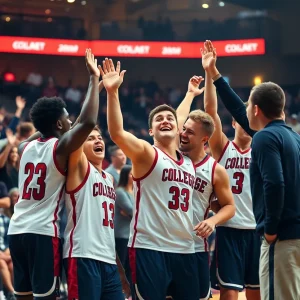 Newberry College Wolves players celebrating after a win at Eleazer Arena