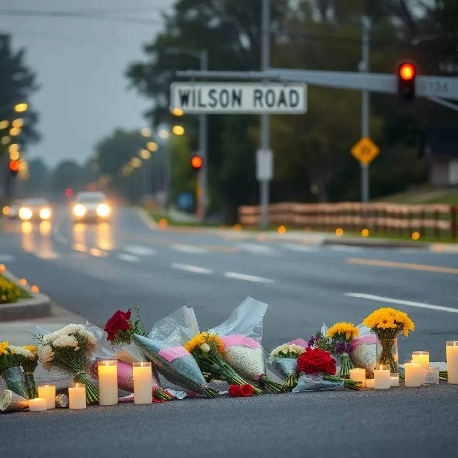 Floral memorial at intersection for pedestrian accident in Newberry County.