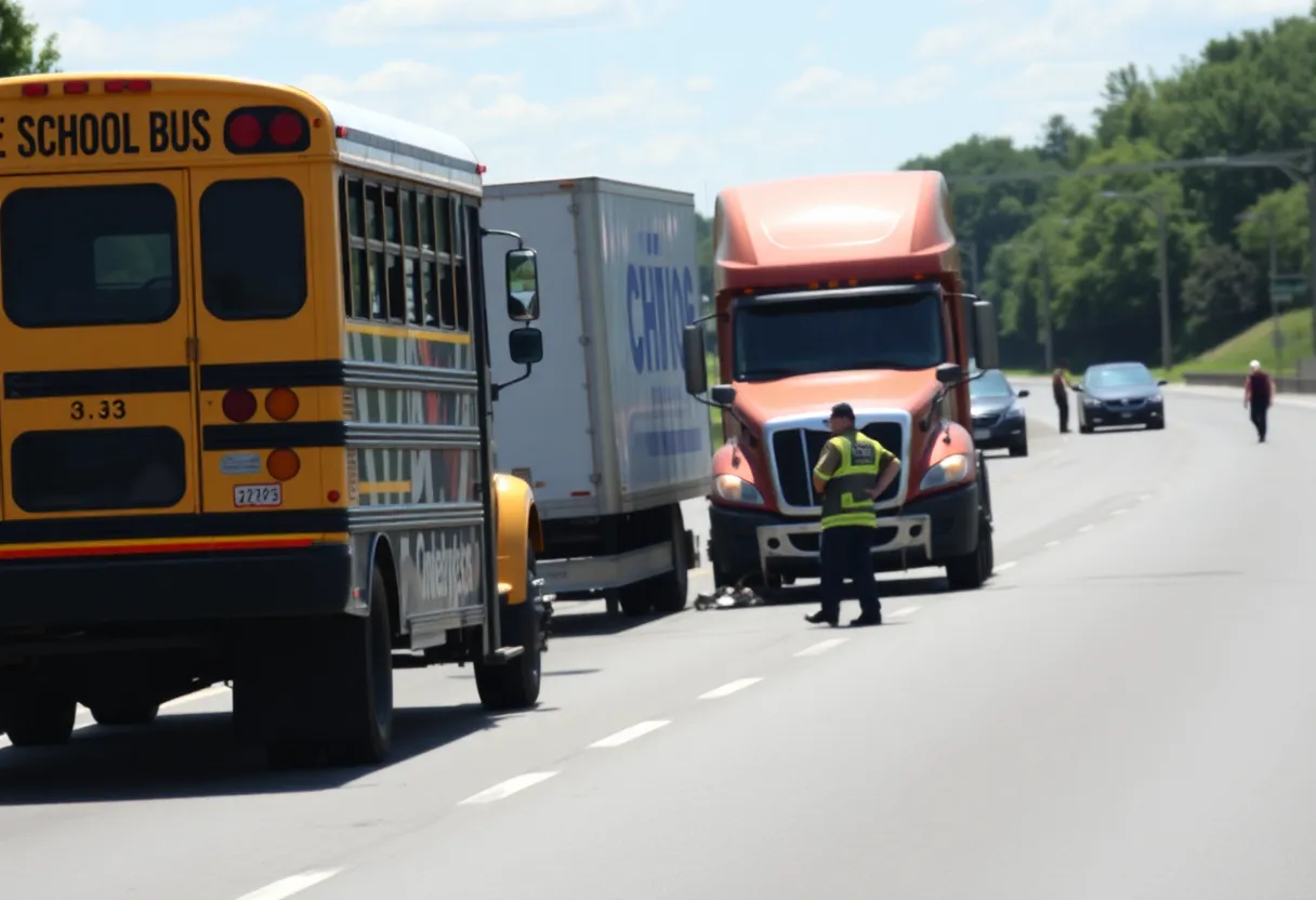 Scene of a school bus and tractor-trailer collision with first responders present.