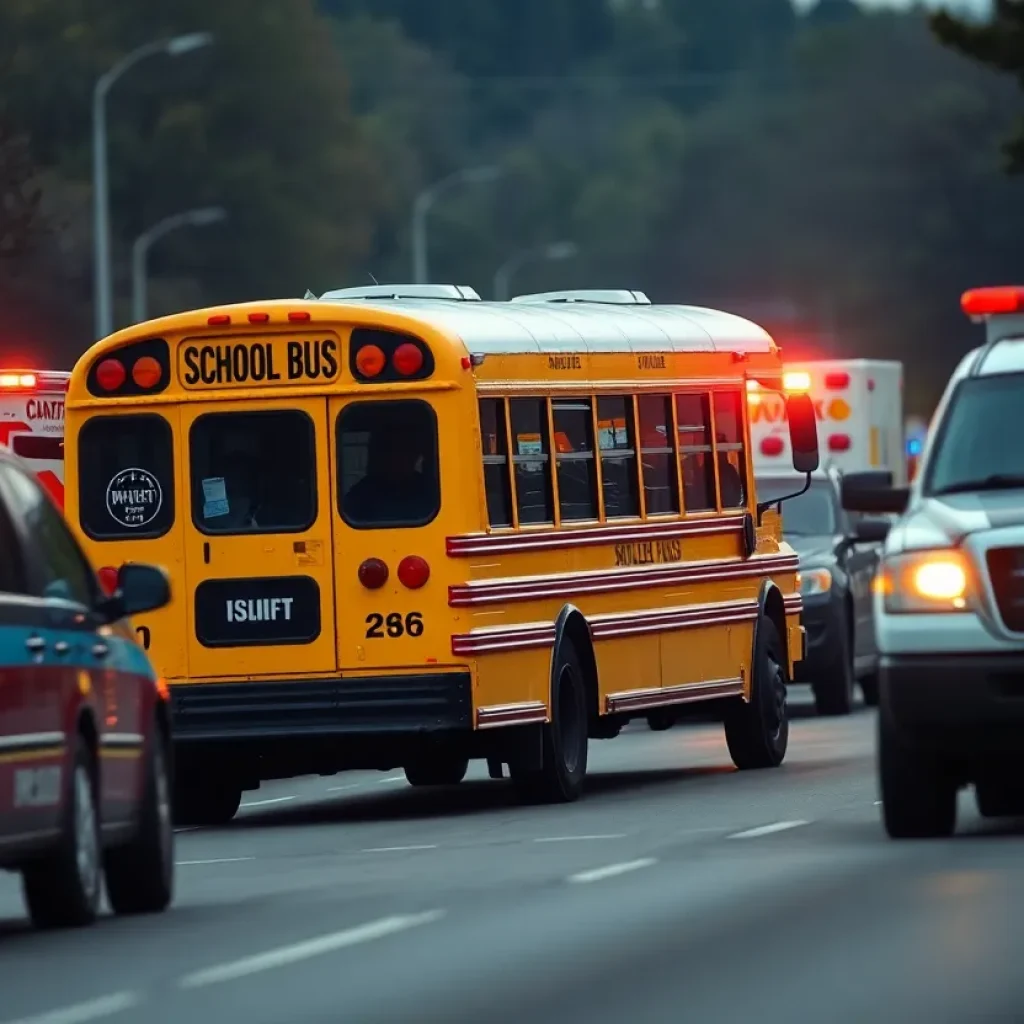 Emergency responders assisting after a school bus crash