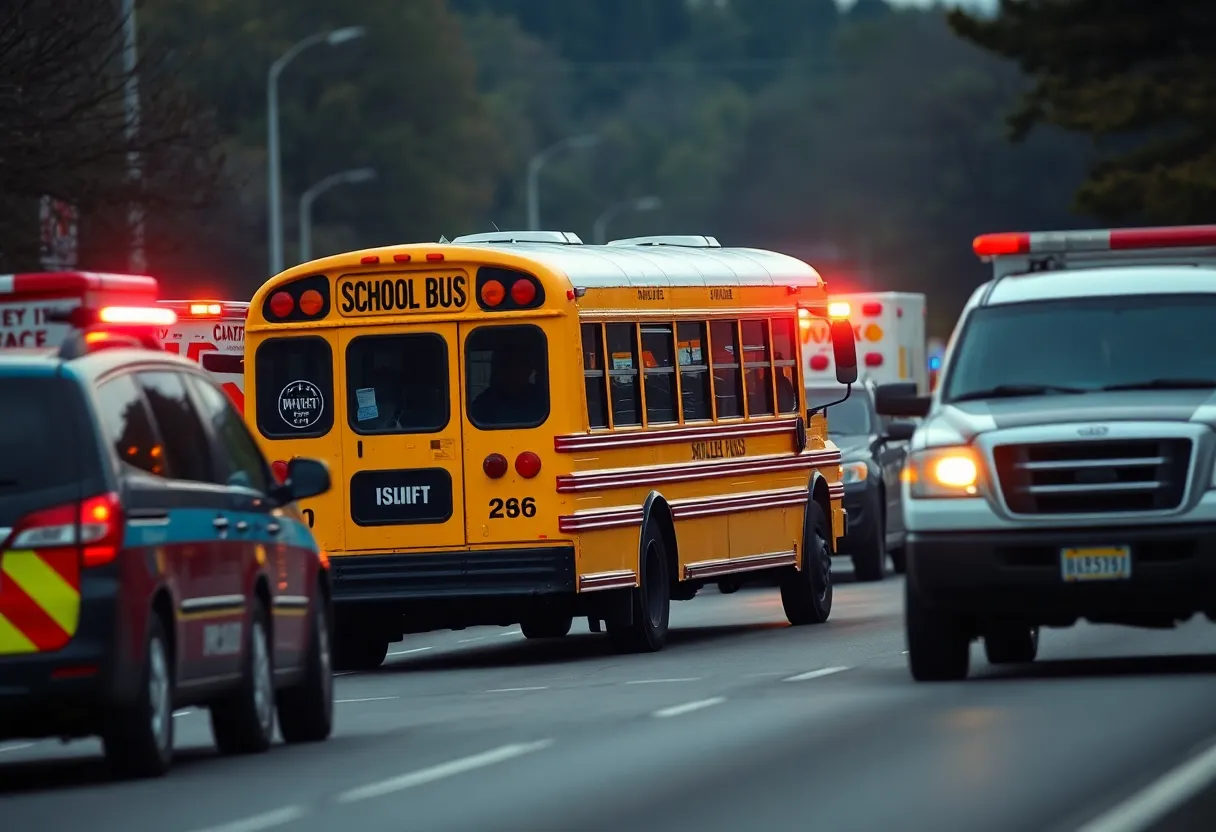 Emergency responders assisting after a school bus crash